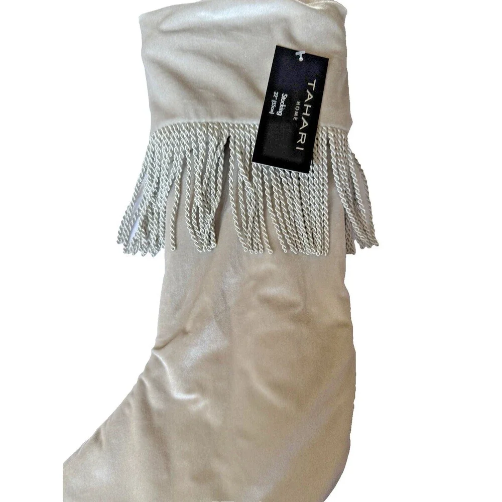 Tahari Home Gray Velvet Christmas Stocking Bullion Fringe Fleece Lined 22